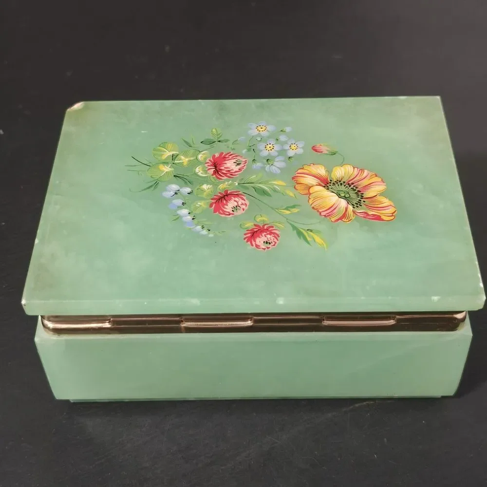Alabaster Green ONYX Floral Keepsake‎ Trinket Box Marble Gold